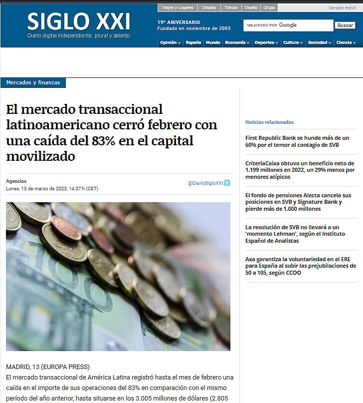 Mercados y finanzas El mercado transaccional latinoamericano cerr febrero con una cada del 83% en el capital movilizado